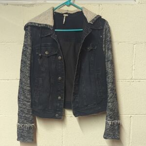 Free People Black Denim Jacket with Heather Gray Knit Sleeves & Hood